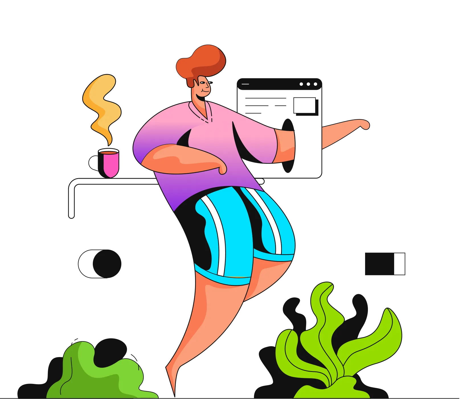Personnage dessiné dans un style cartoon coloré, avec interface web et éléments de décoration graphique, idéal pour site créatif ou landing page.